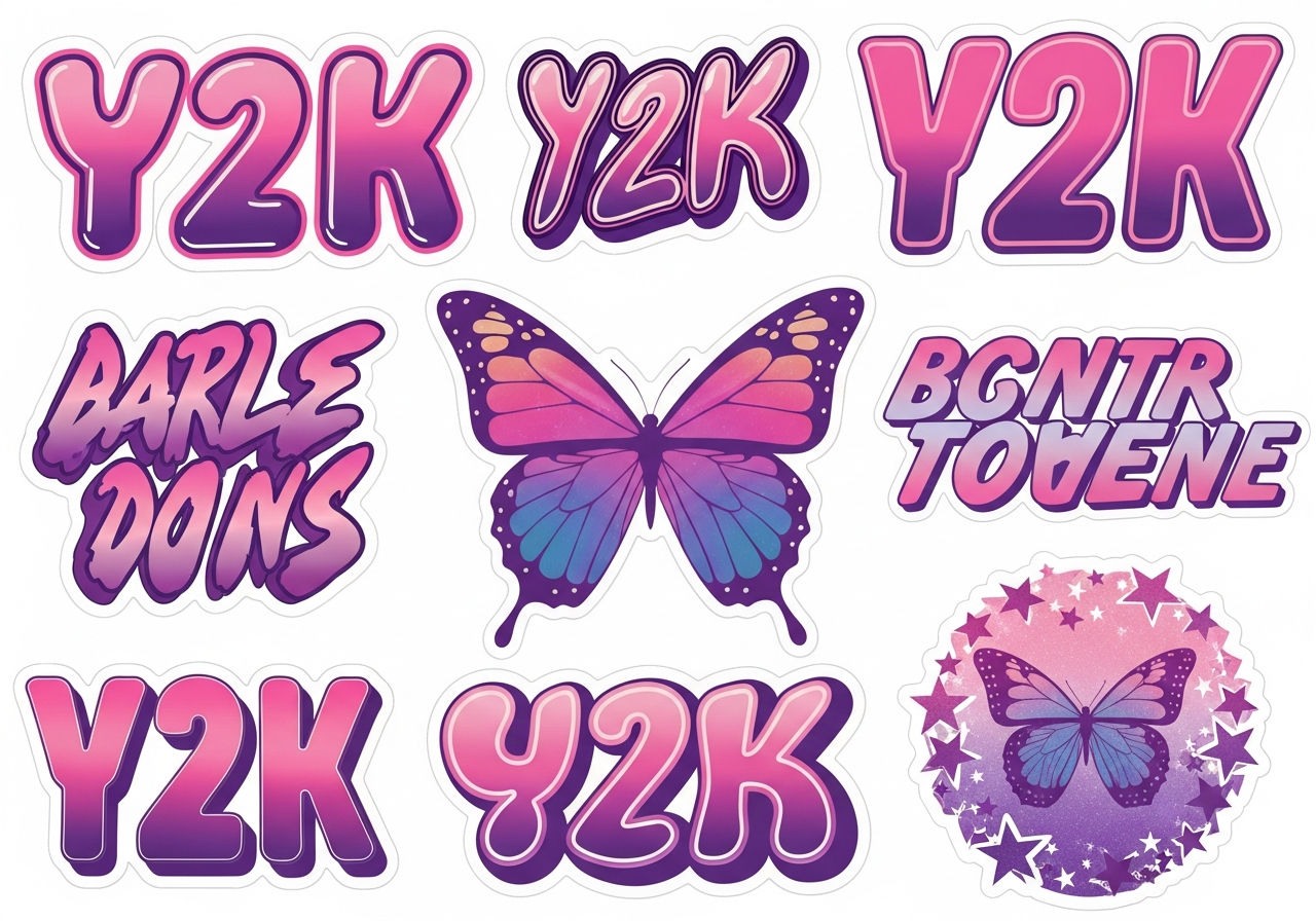 Y2K retro revival sticker designs with chrome and pastel aesthetics