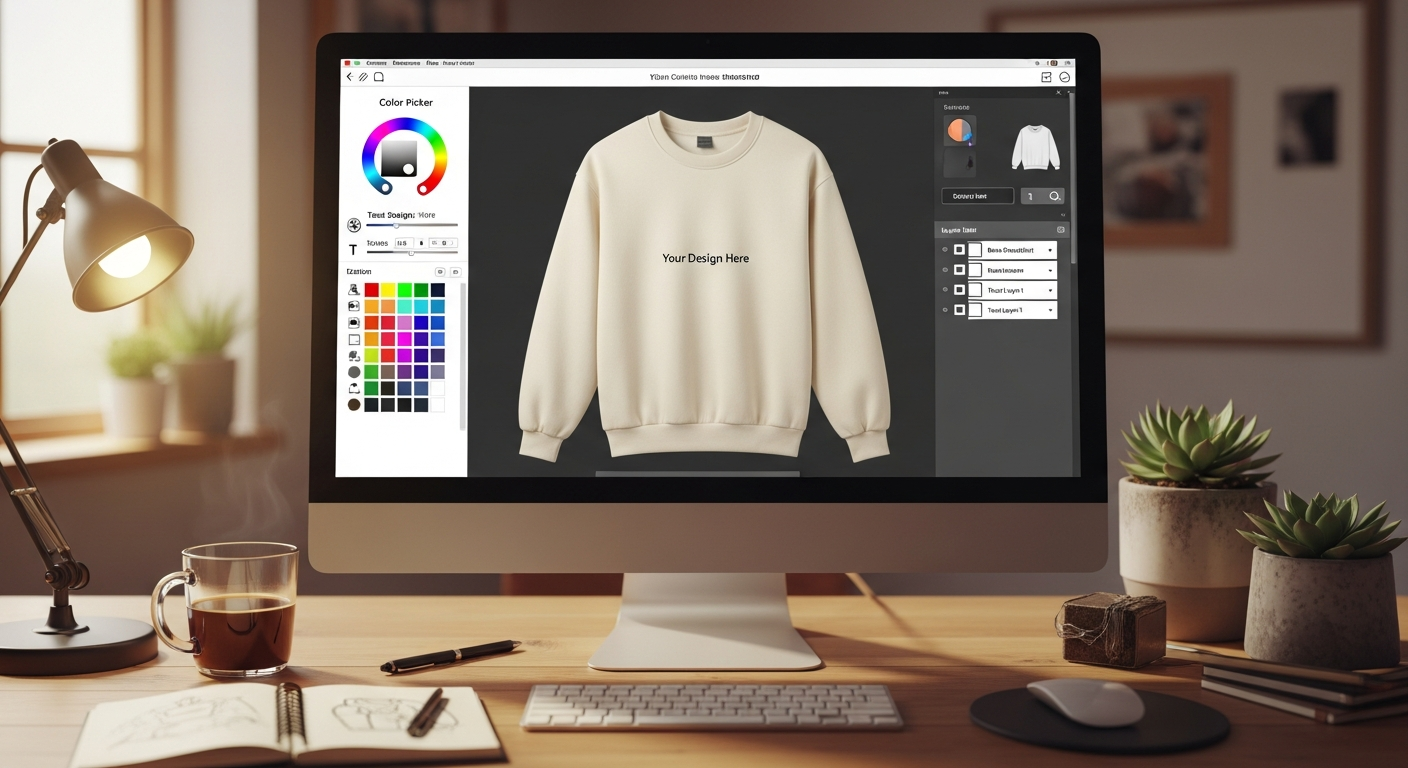 Online crewneck sweatshirt design tool interface showing design placement options