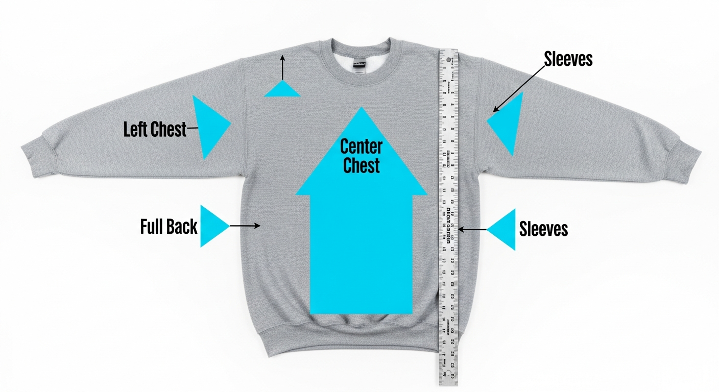 Diagram showing design placement zones on a crewneck sweatshirt with dimensions