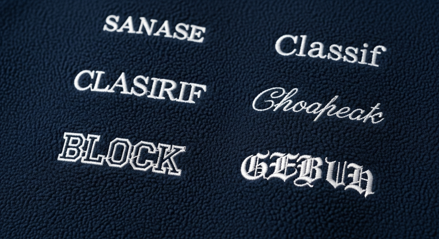 Embroidered font samples on sweatshirt fabric showing different typeface styles