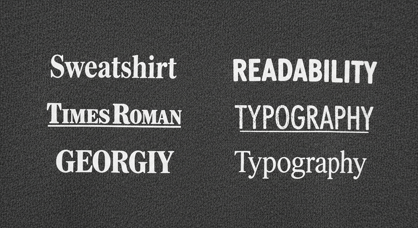 Comparison of different fonts printed on crewneck sweatshirt fleece fabric