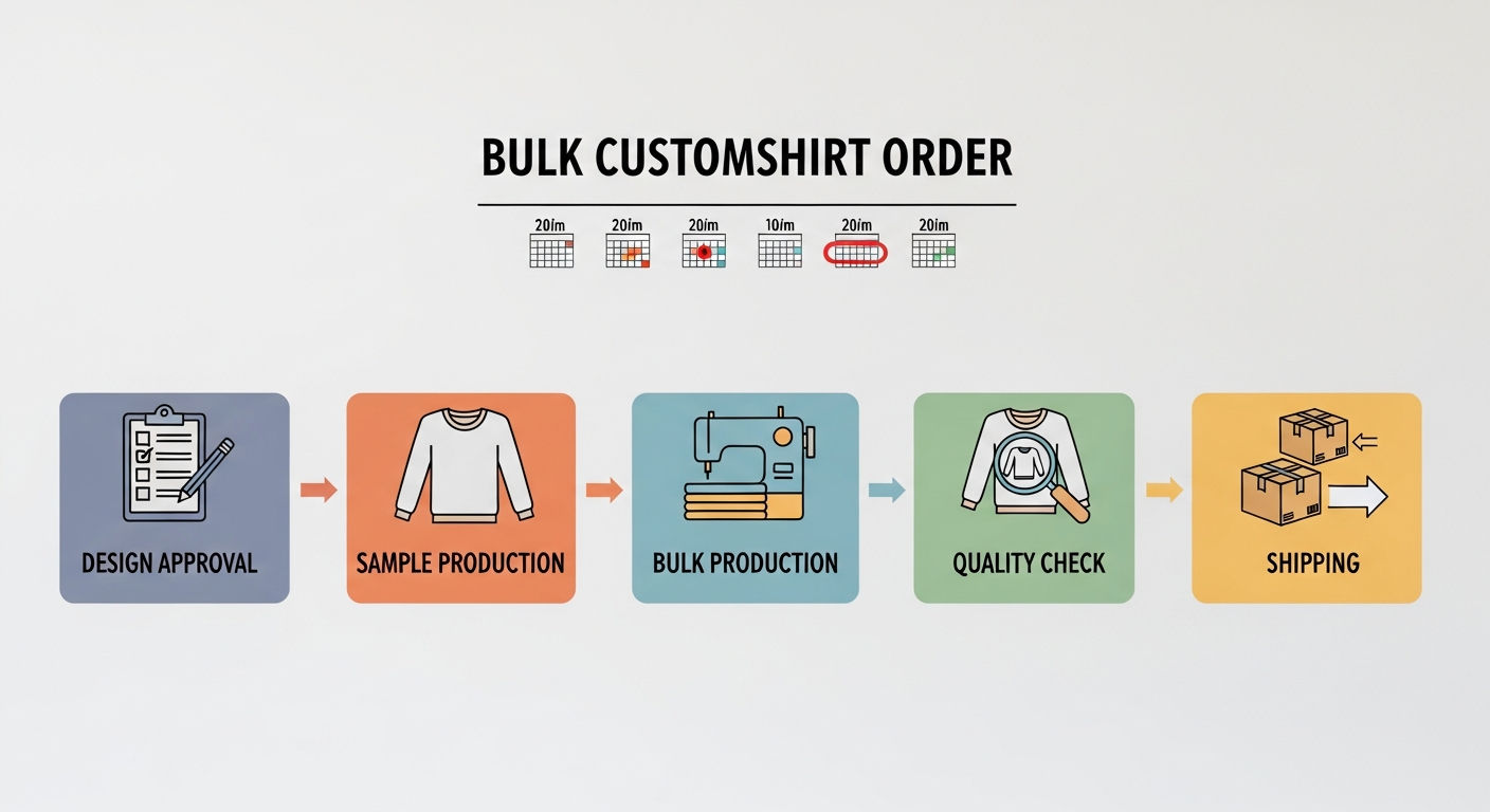 Timeline visualization showing phases of a bulk custom sweatshirt order from design to delivery