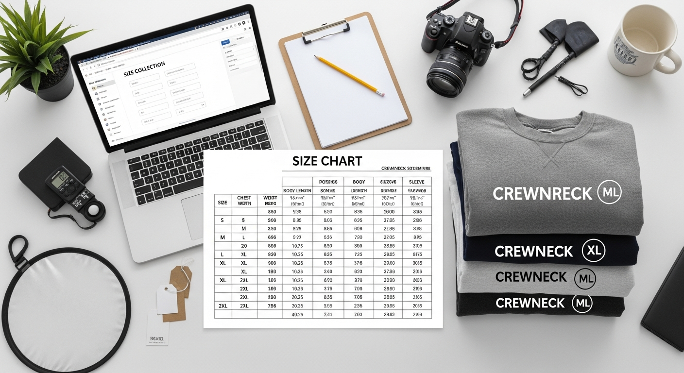 Online size collection form on laptop screen with printed sweatshirt size chart alongside