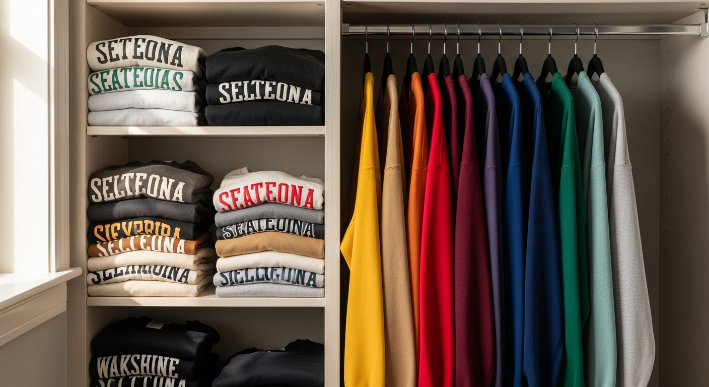 Properly stored custom sweatshirts folded neatly and hung on padded hangers