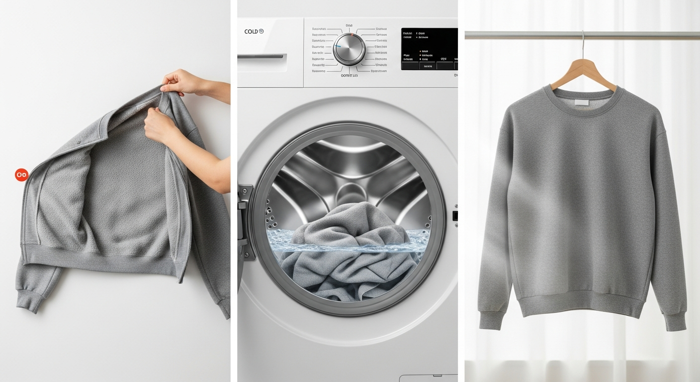 Step-by-step visual guide showing proper custom sweatshirt washing process
