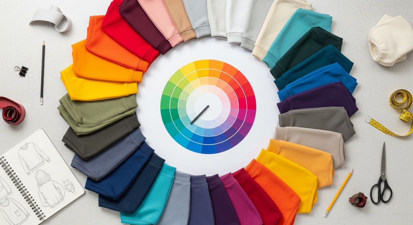 Color wheel with sweatshirt fabric swatches showing complementary and analogous color relationships