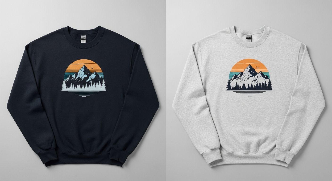 Same design printed on dark navy and light grey sweatshirts showing how base color affects appearance