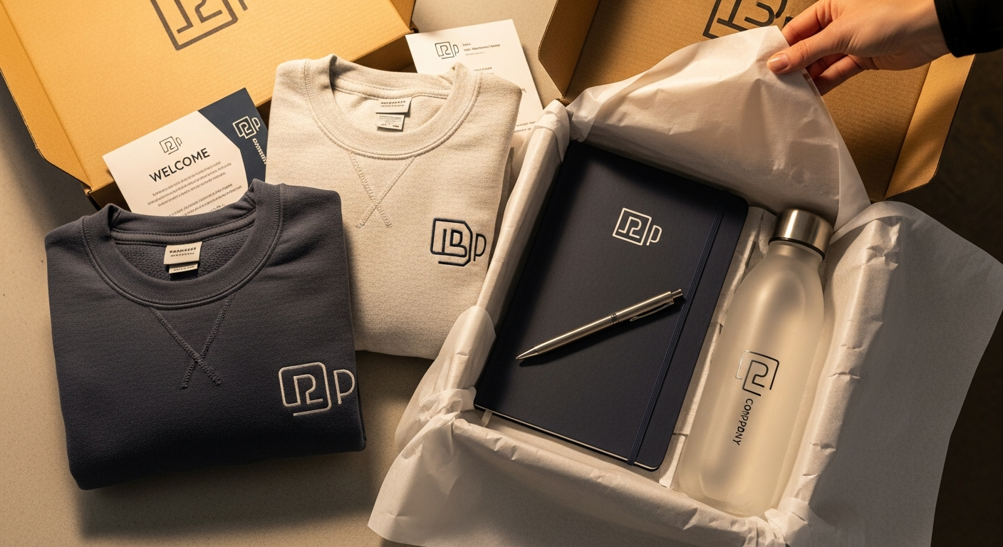 Employee onboarding welcome kit featuring a premium branded crewneck sweatshirt with notebook and accessories