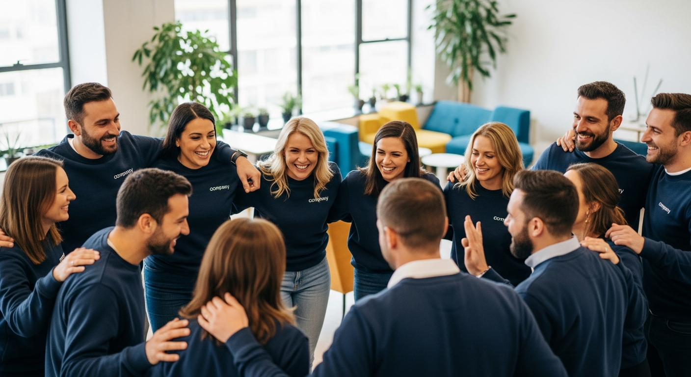 Diverse team of employees wearing matching branded crewneck sweatshirts at a company event