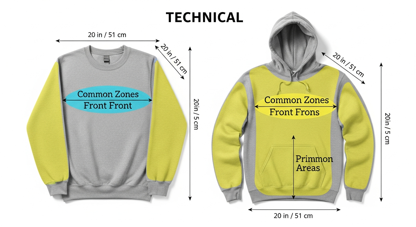 Diagram comparing printable areas on crewneck sweatshirt versus hoodie