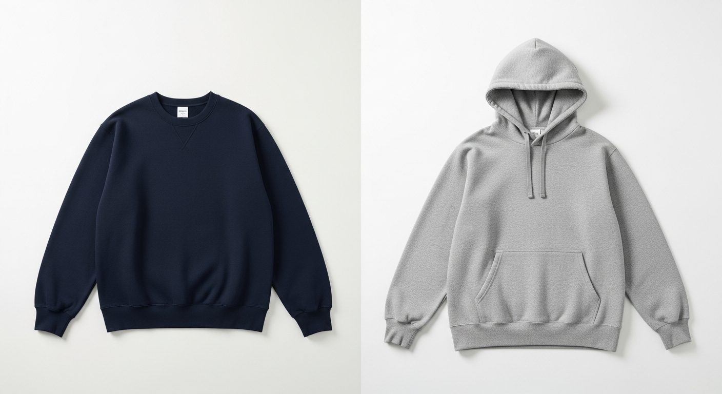 Side-by-side comparison of crewneck sweatshirt and hoodie showing structural differences