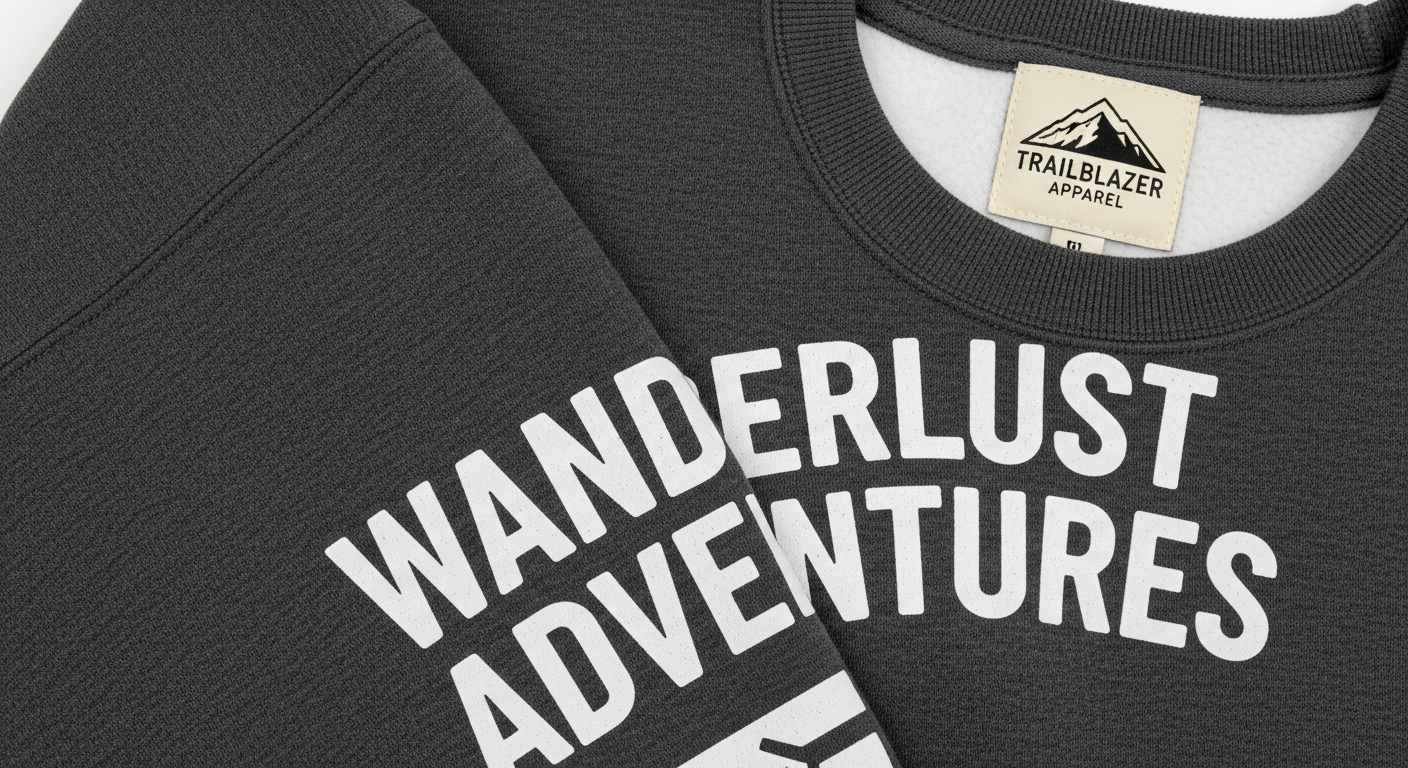 Close-up of sleeve print and collar tag options on a custom crewneck sweatshirt