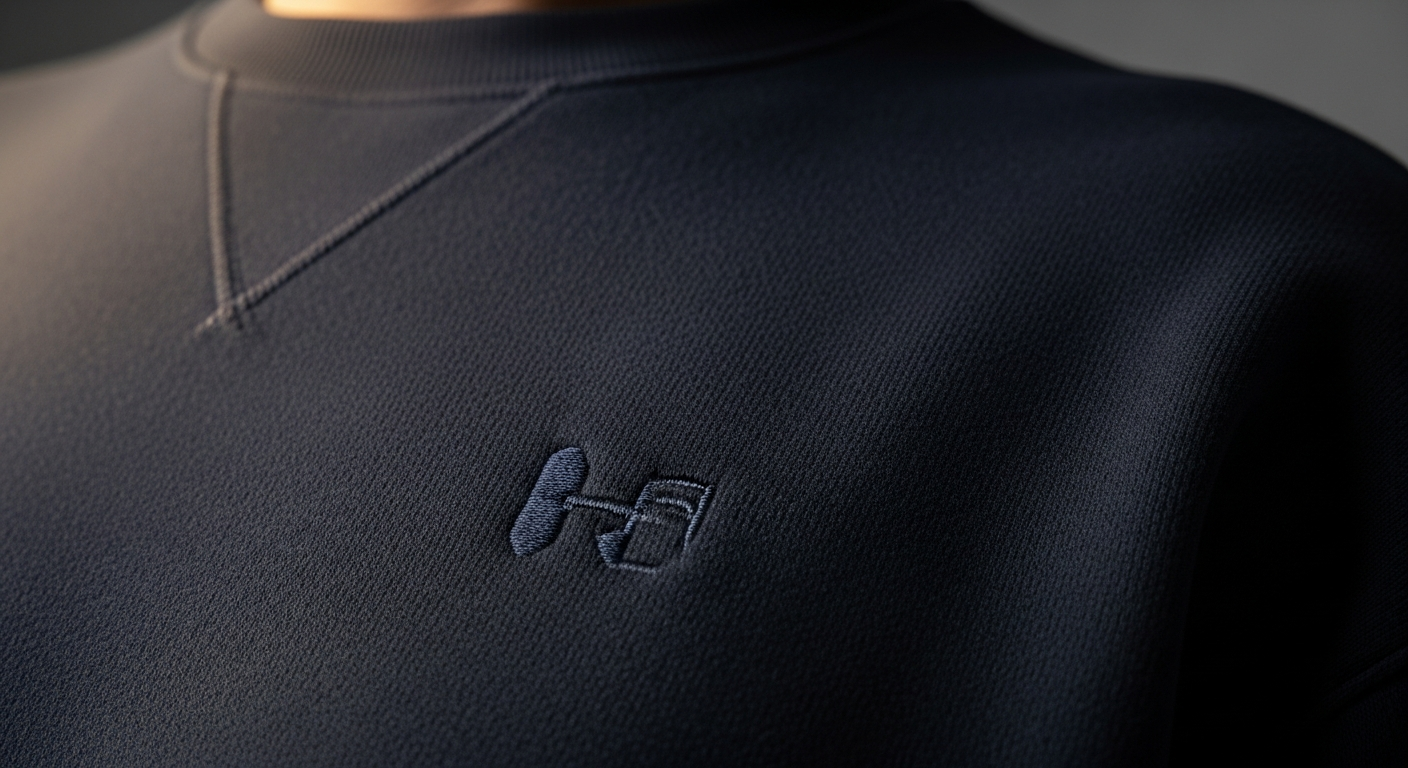Minimalist tonal embroidery on custom crewneck sweatshirts showing subtle design trend