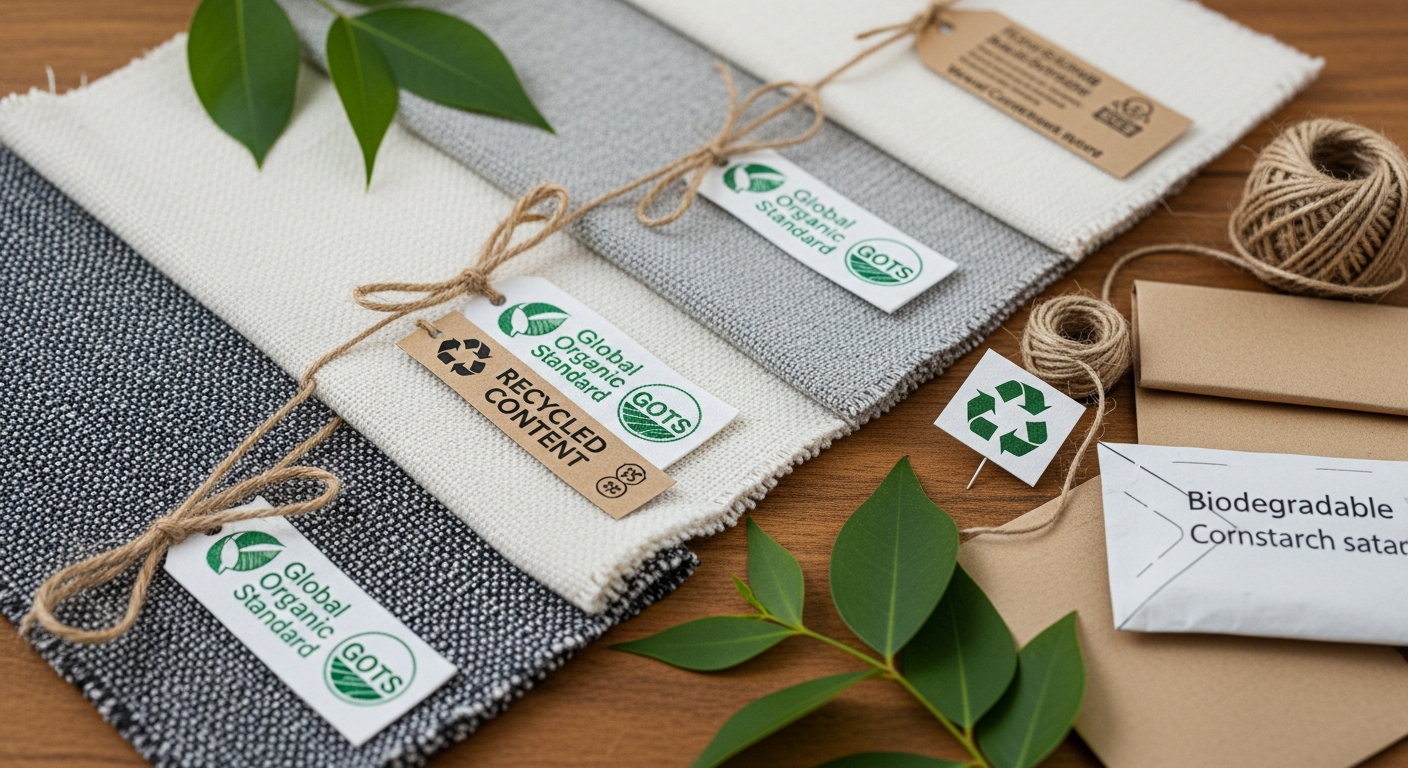 Sustainable fabric samples with GOTS and recycled content certification tags on natural wood surface