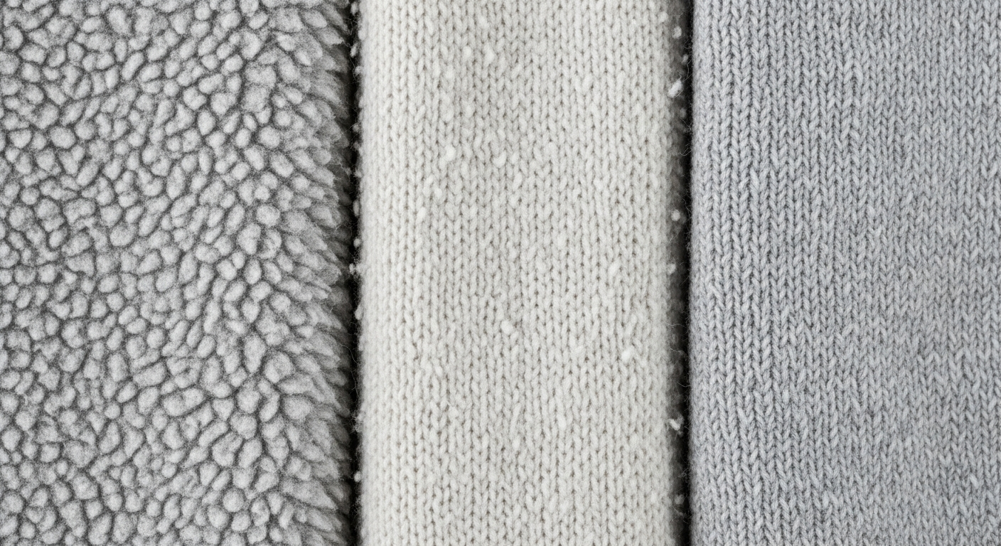 Close-up macro photography of three sweatshirt fabric textures: fleece, French terry, and cotton blend