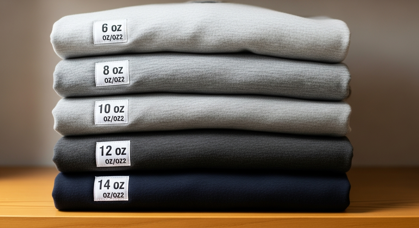 Chart comparing fabric weights and warmth ratings for different sweatshirt materials