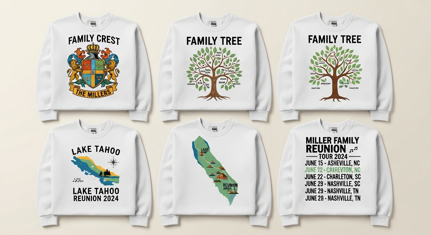Collection of family reunion crewneck sweatshirt design templates showing various styles