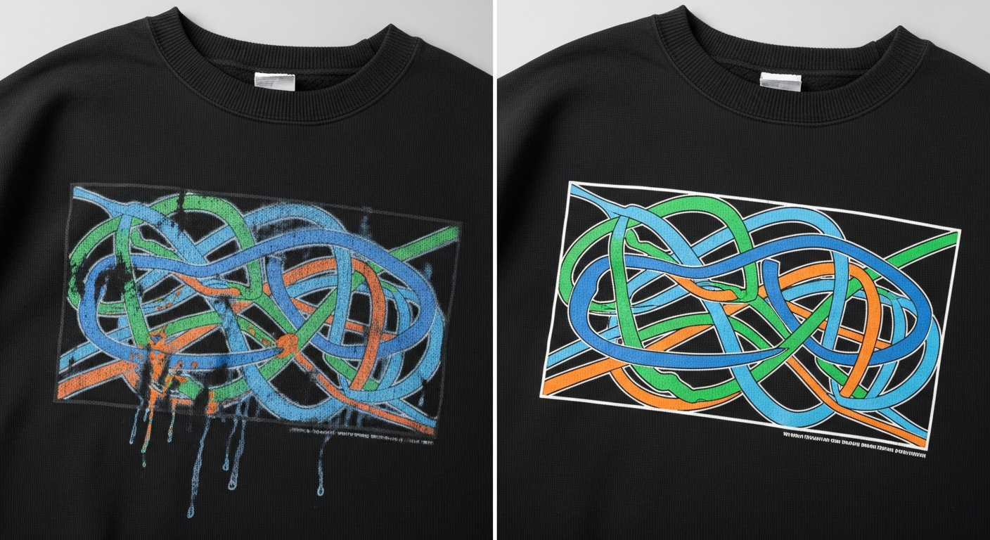 Side-by-side comparison of low-resolution vs high-resolution print quality on sweatshirt fabric