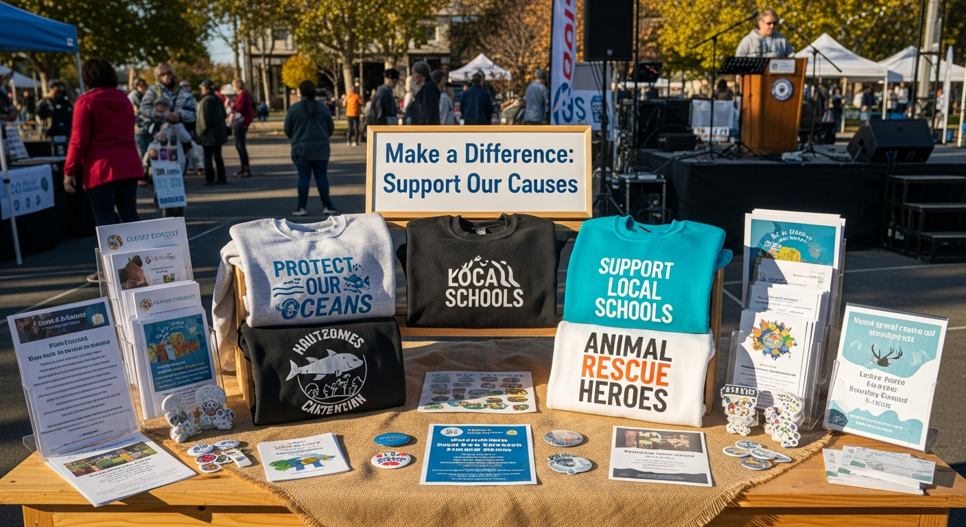 Custom crewneck sweatshirts designed for different nonprofit causes and fundraising campaigns