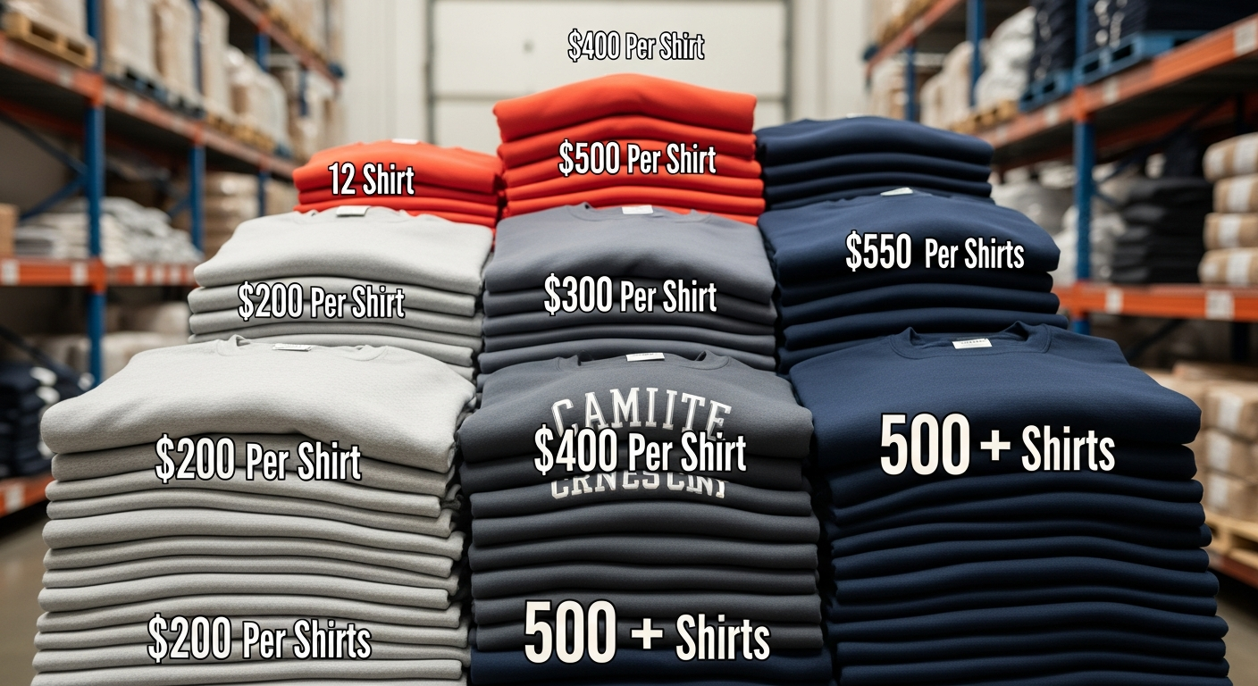 Visual chart showing bulk discount pricing tiers for custom sweatshirts at different order quantities