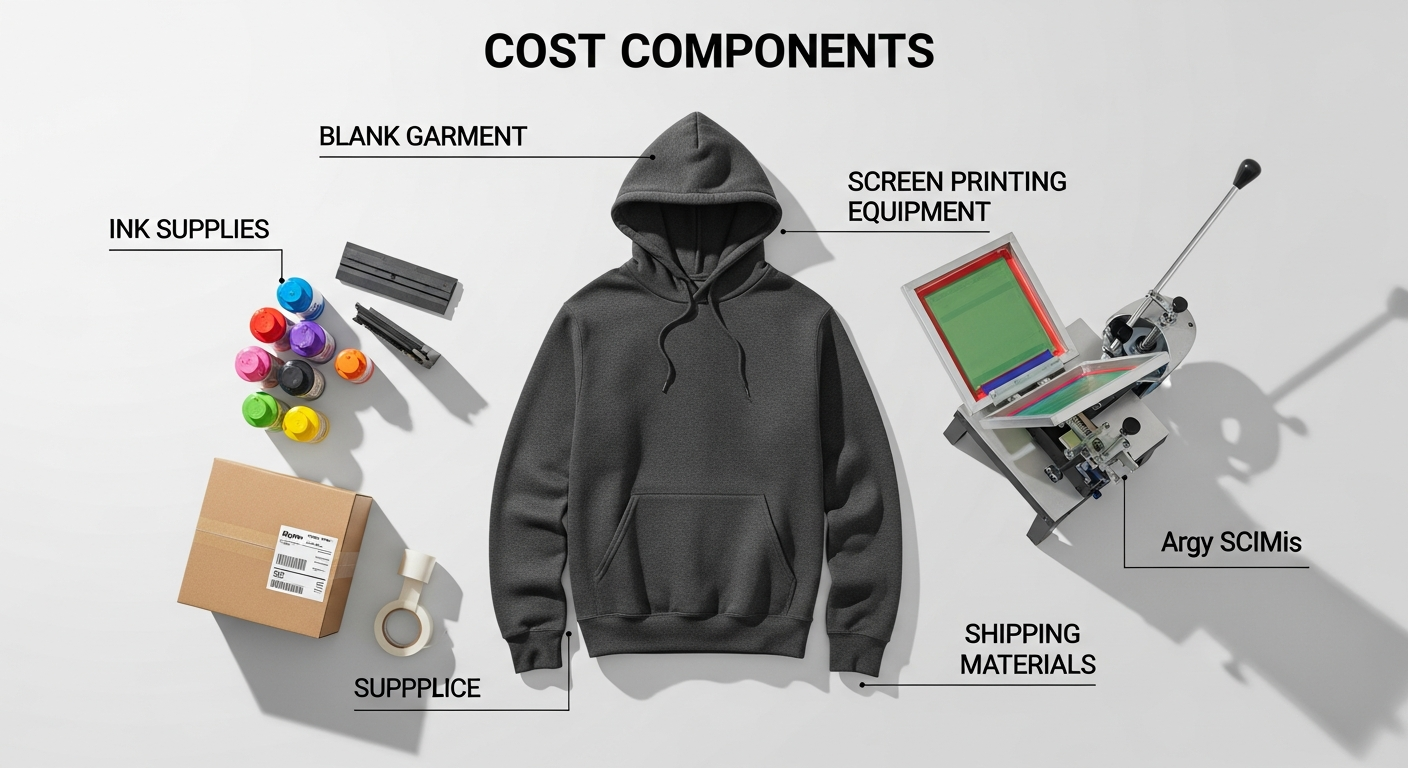 Detailed cost breakdown chart for custom sweatshirts showing garment, decoration, and shipping components