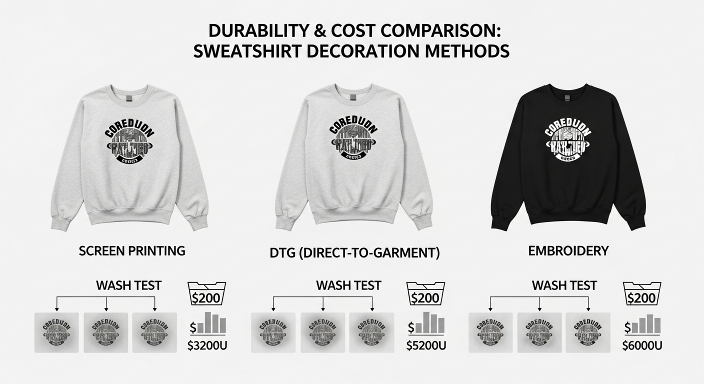 Chart comparing durability, cost, and detail capability of three decoration methods