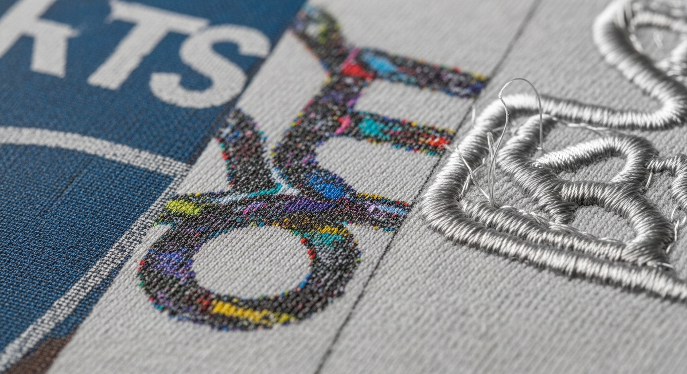 Close-up comparison of screen printing, DTG, and embroidery on sweatshirt fabric