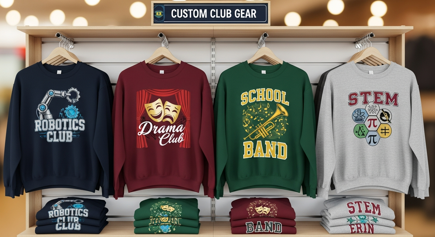 Collection of custom crewneck sweatshirts designed for various school clubs and organizations