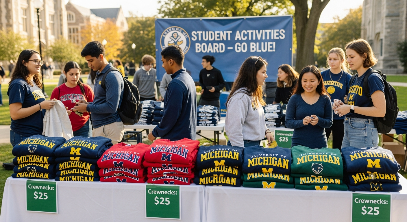 School spirit wear fundraiser display showing custom crewneck sweatshirts for sale
