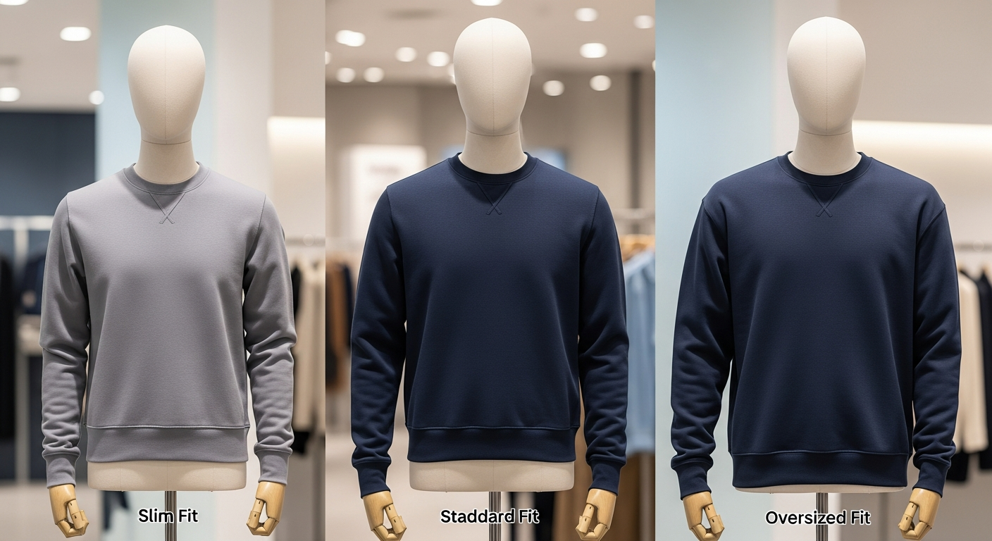 Visual comparison of standard, oversized, and slim fit crewneck sweatshirts on mannequins