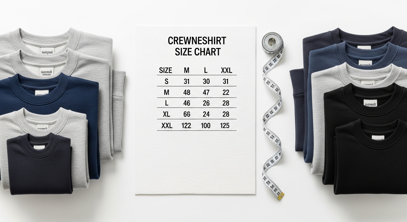 Custom sweatshirt size chart showing measurements for S through 3XL