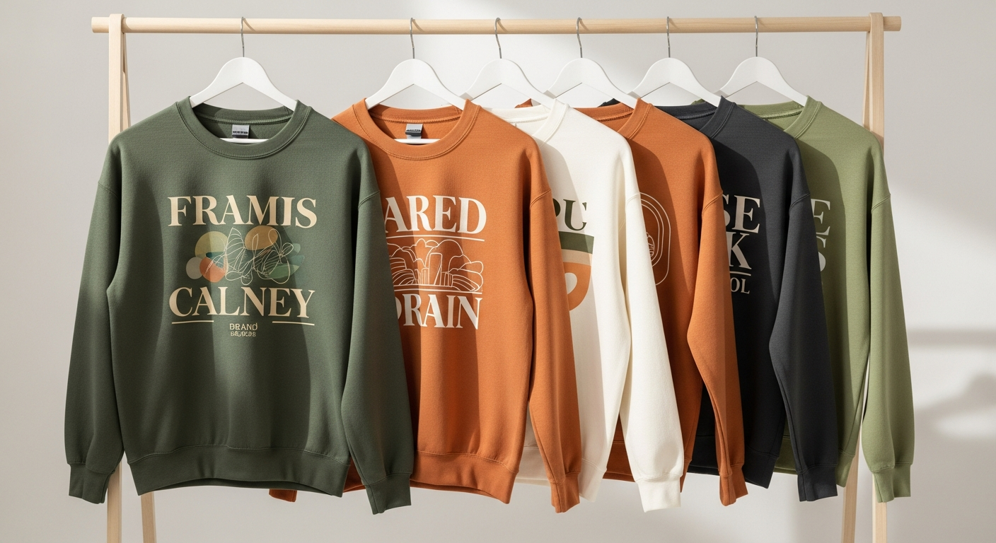 Cohesive custom sweatshirt brand collection showing five coordinated crewneck designs