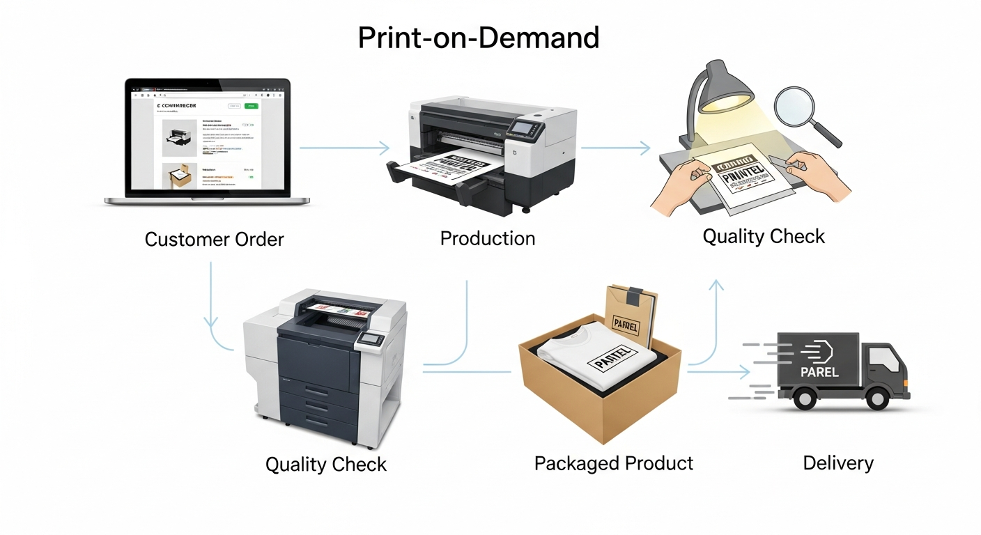 Flowchart showing print-on-demand workflow from customer order through production to delivery