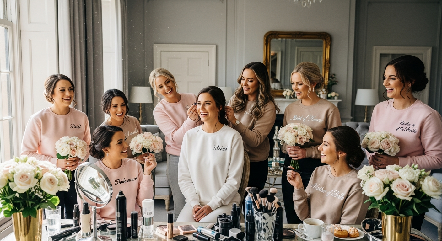 Bridal party wearing matching custom crewneck sweatshirts during wedding morning preparations