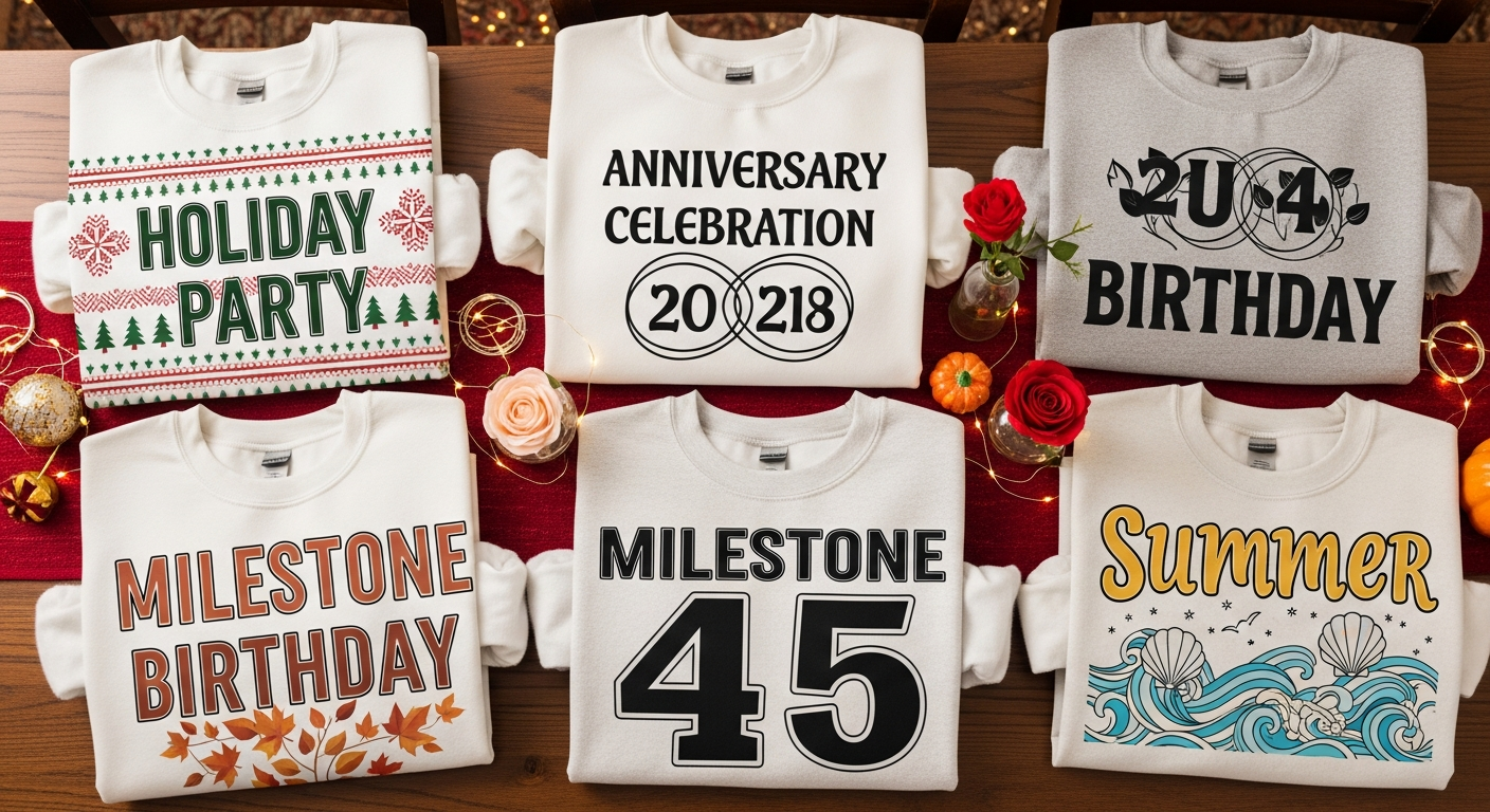 Custom crewneck sweatshirts designed for holiday parties and special celebrations