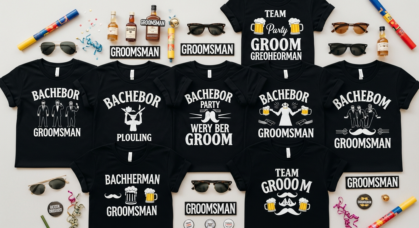 Groomsmen wearing matching bachelor party custom t-shirts with humorous designs