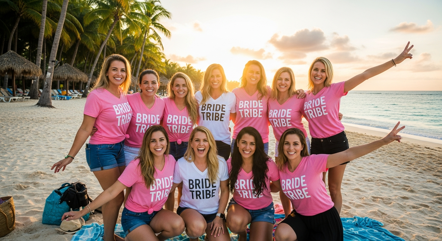 Bride squad wearing matching custom t-shirts at a beach bachelorette party celebration