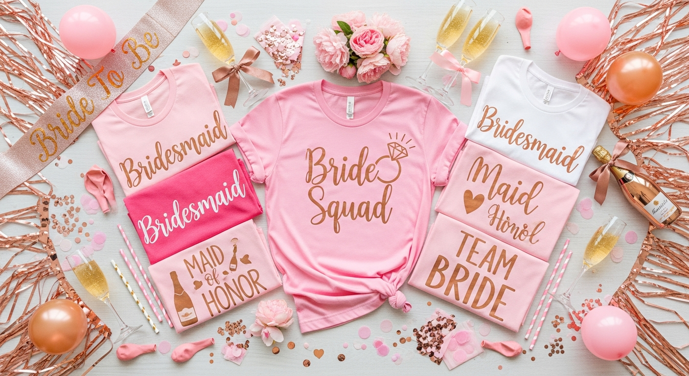 Bachelorette party group wearing matching custom bride squad t-shirts at a celebration