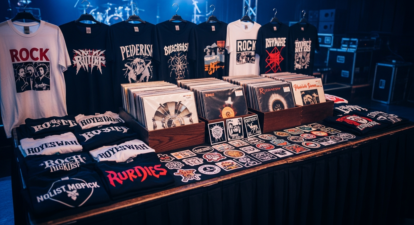 Custom band merch t-shirts displayed at concert venue with tour designs and festival merchandise