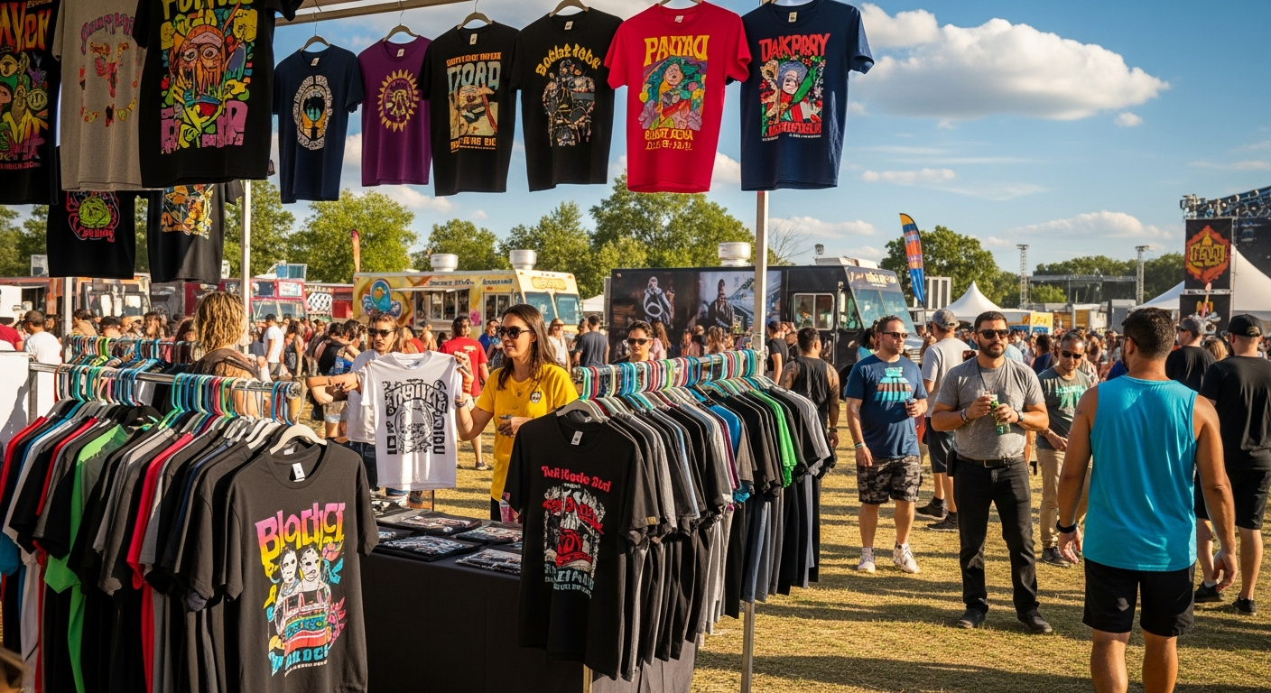 Festival merchandise booth displaying custom band t-shirts across multiple music genres
