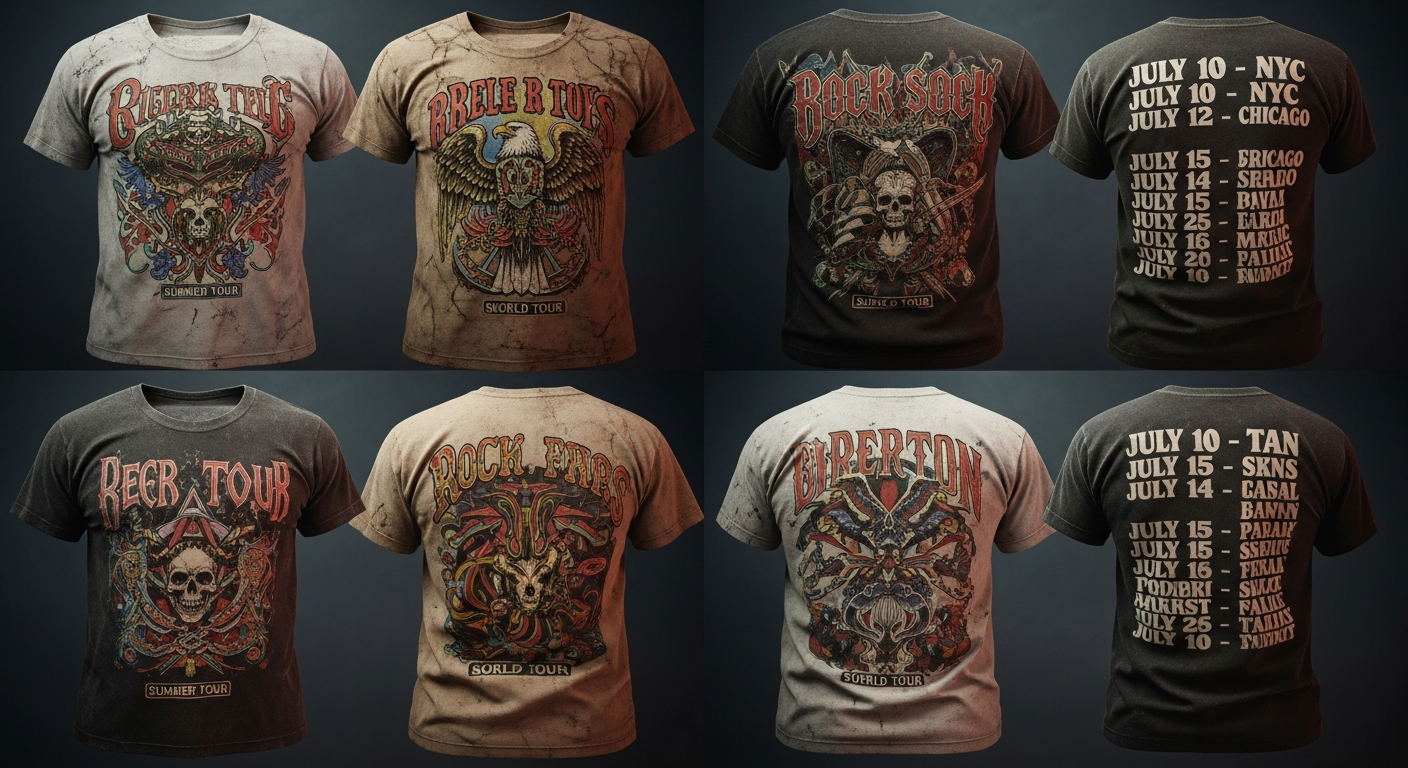 Vintage retro style band merch t-shirt designs with distressed graphics and classic tour aesthetics