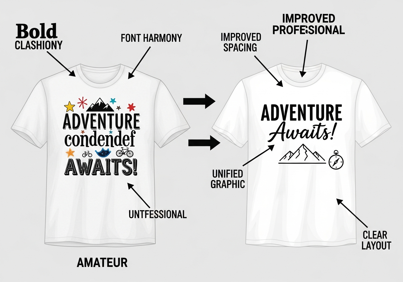 Before and after comparison showing amateur t-shirt design improved with professional principles