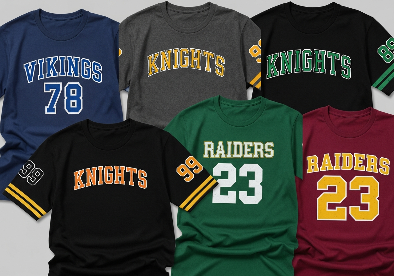 Four athletic and sports font examples on t-shirt mockups showing dynamic competitive typography