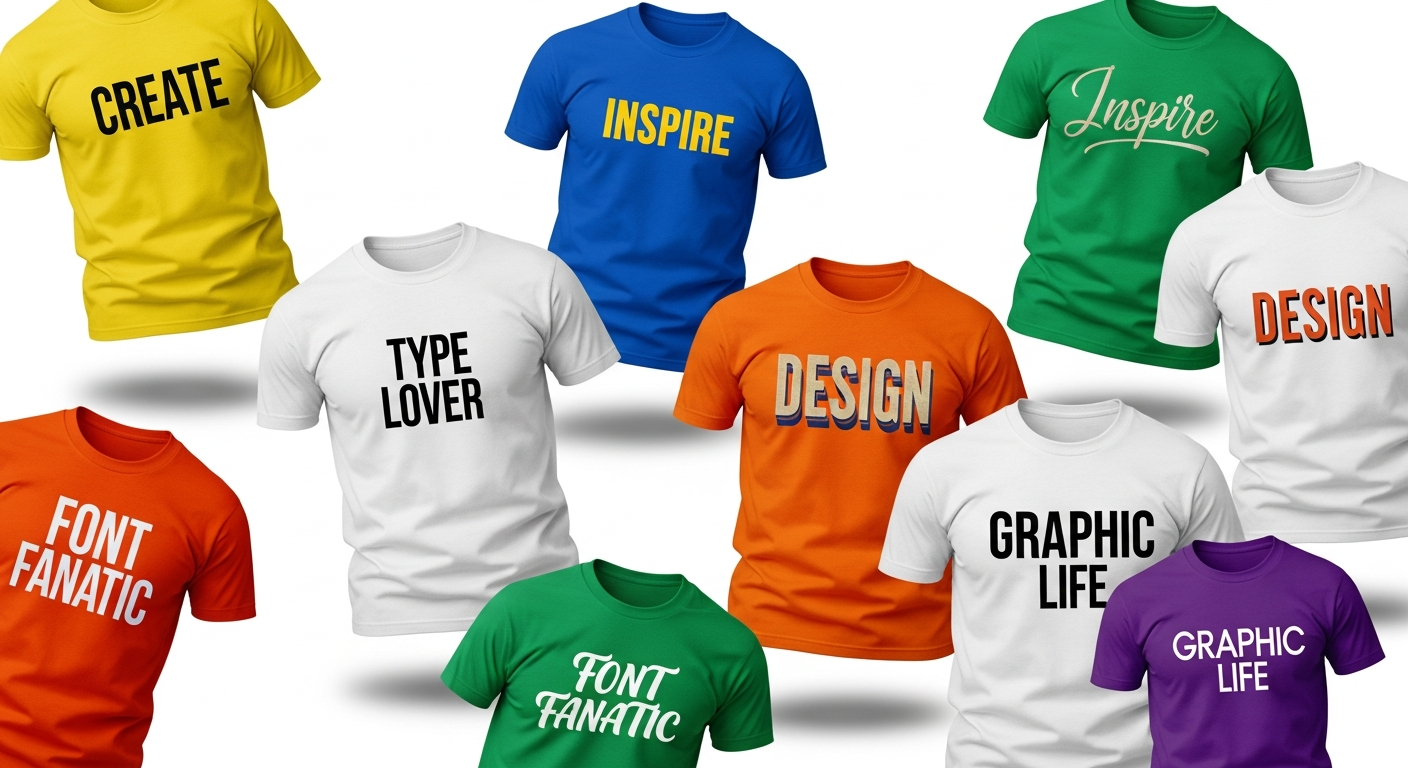 Collection of custom t-shirt designs showcasing various typography styles and font choices