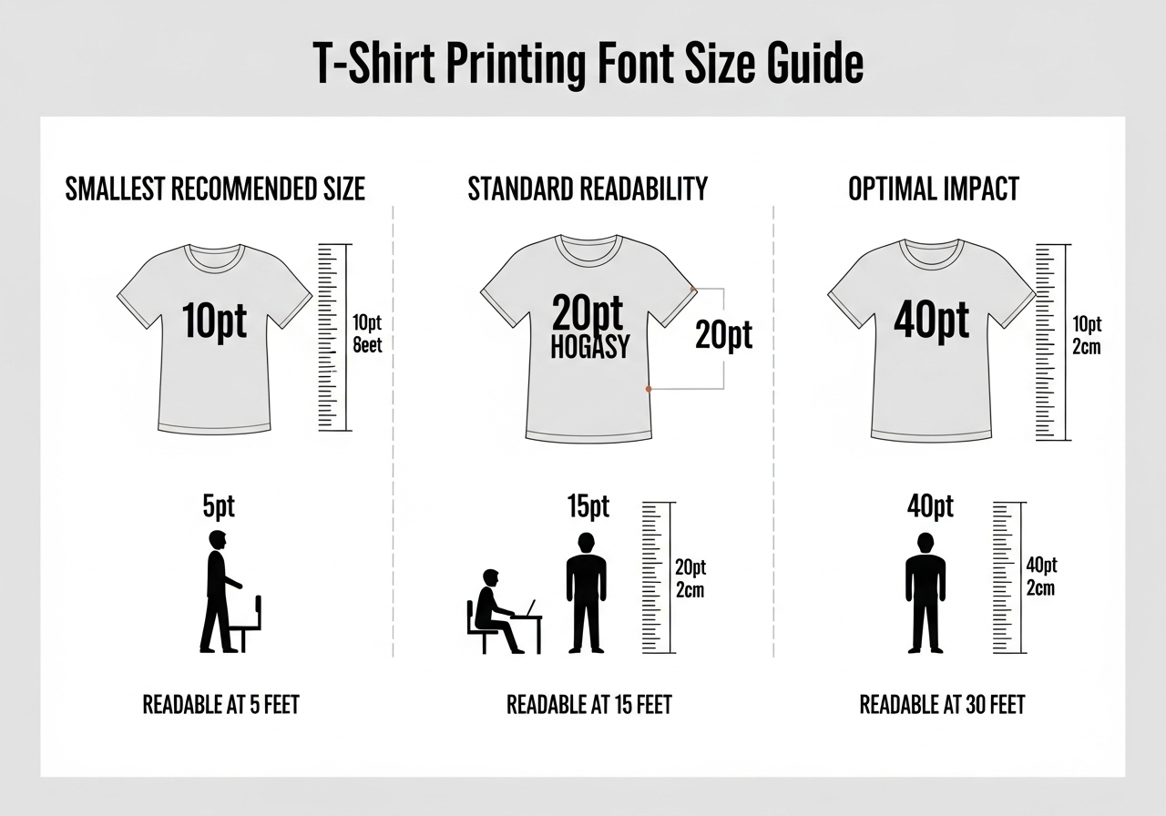 Visual guide showing minimum font sizes for t-shirt printing at different viewing distances
