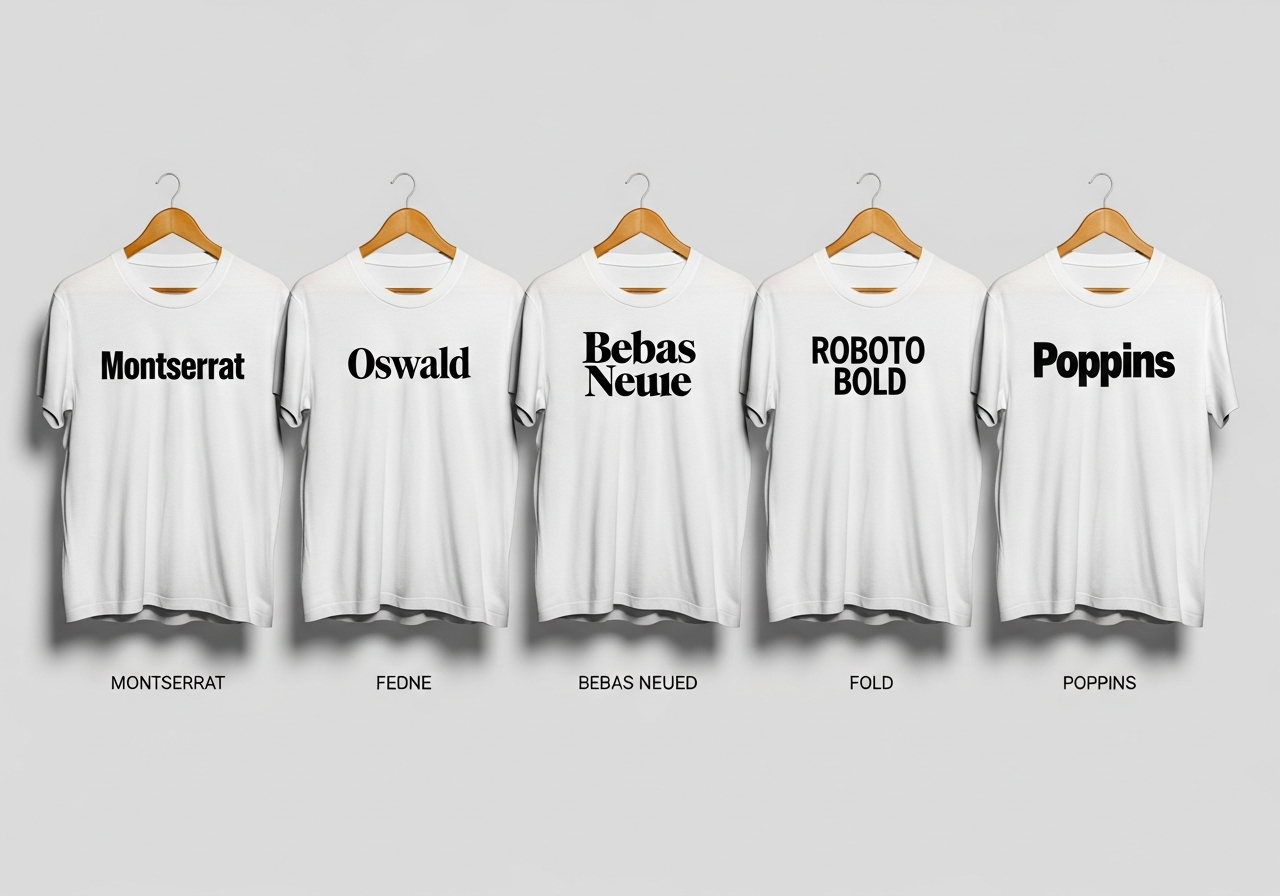 Five sans-serif font examples displayed on t-shirt mockups showing bold modern typography