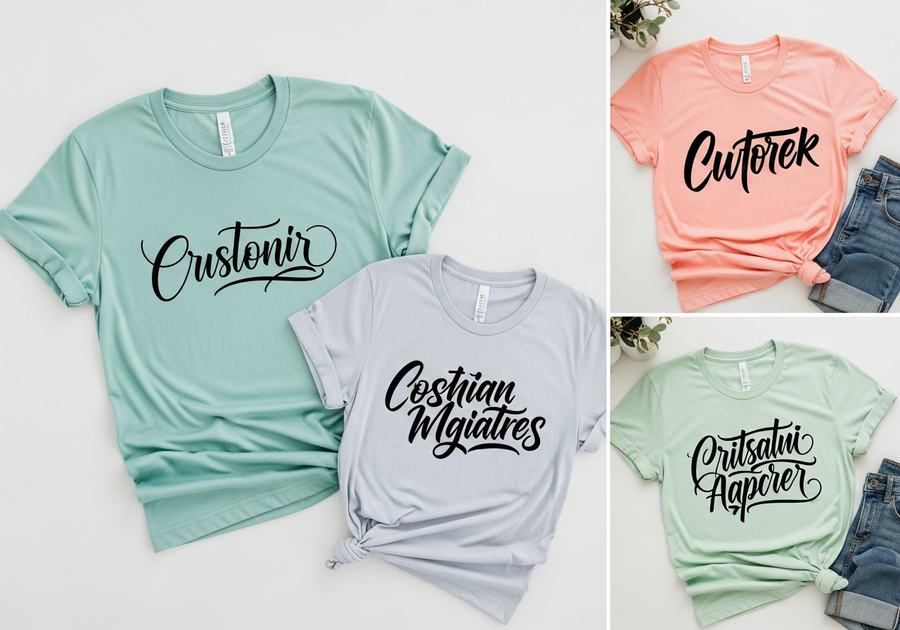 Five script and handwritten font examples on t-shirt mockups showing flowing elegant lettering