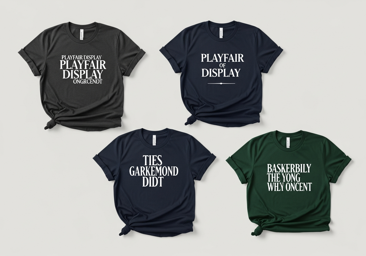 Four classic serif font examples displayed on t-shirt mockups showing traditional elegance