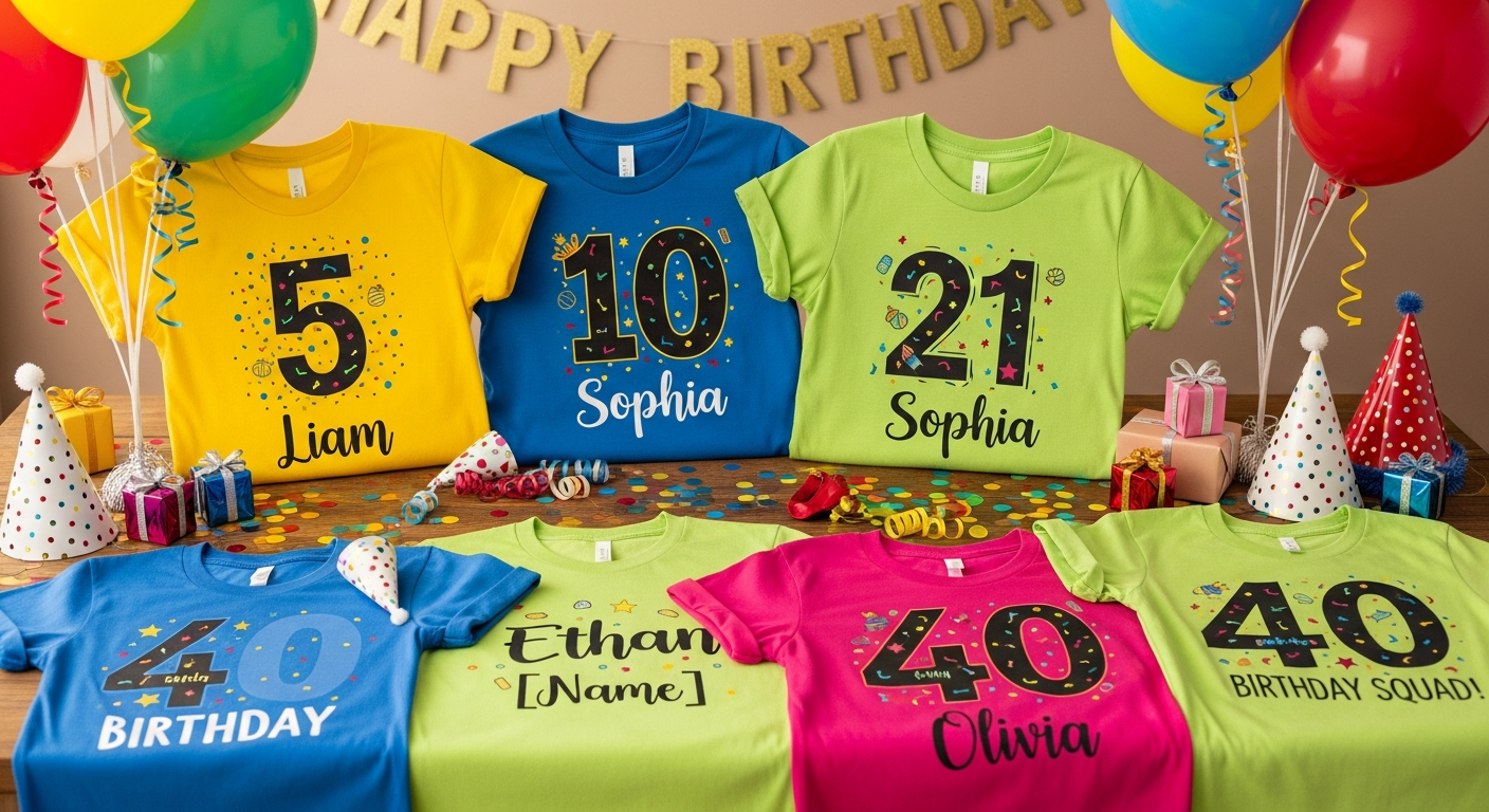 Colorful custom birthday party t-shirts displayed with balloons and party decorations