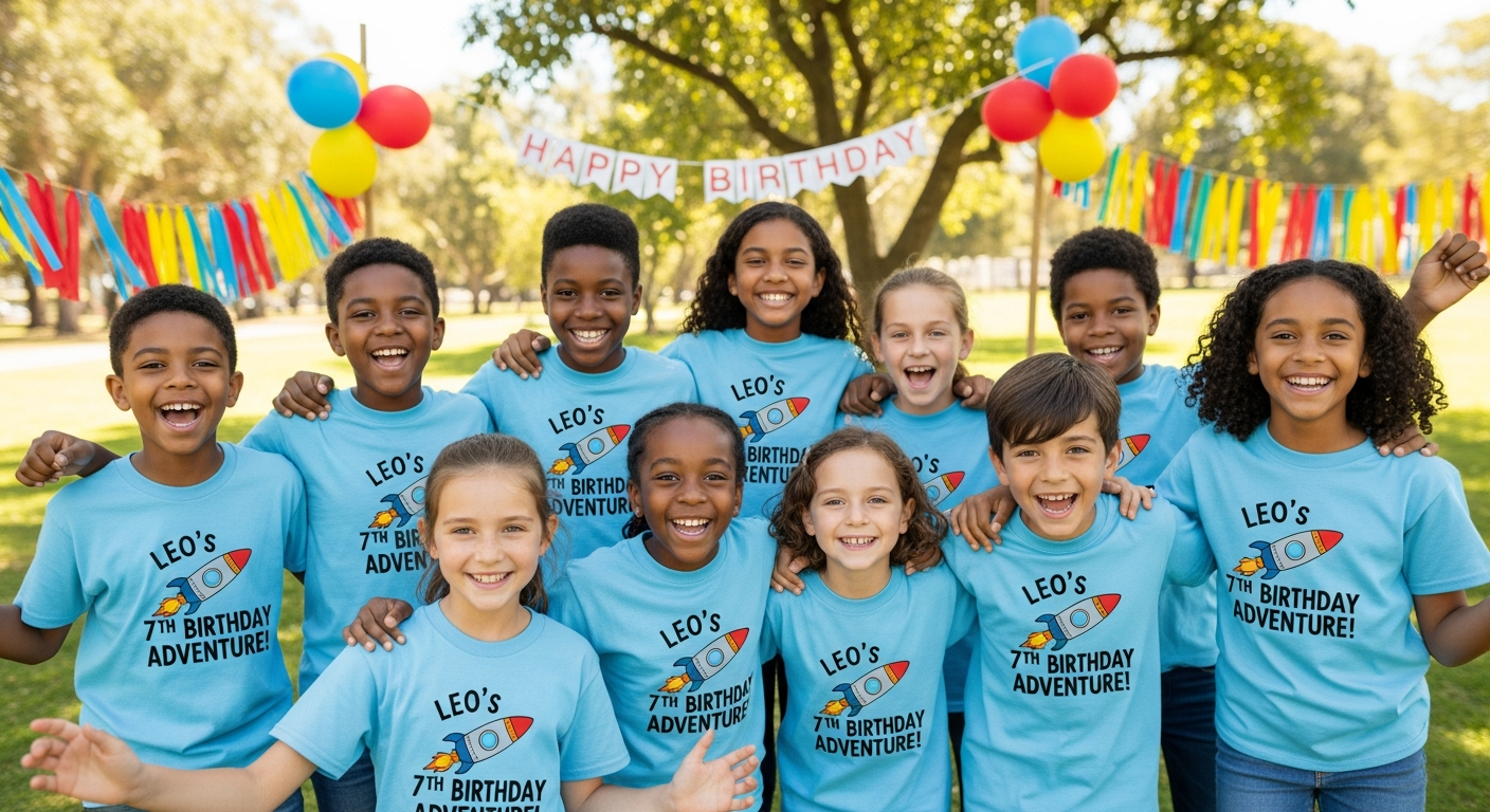 Kids wearing matching custom birthday party shirts at an outdoor celebration